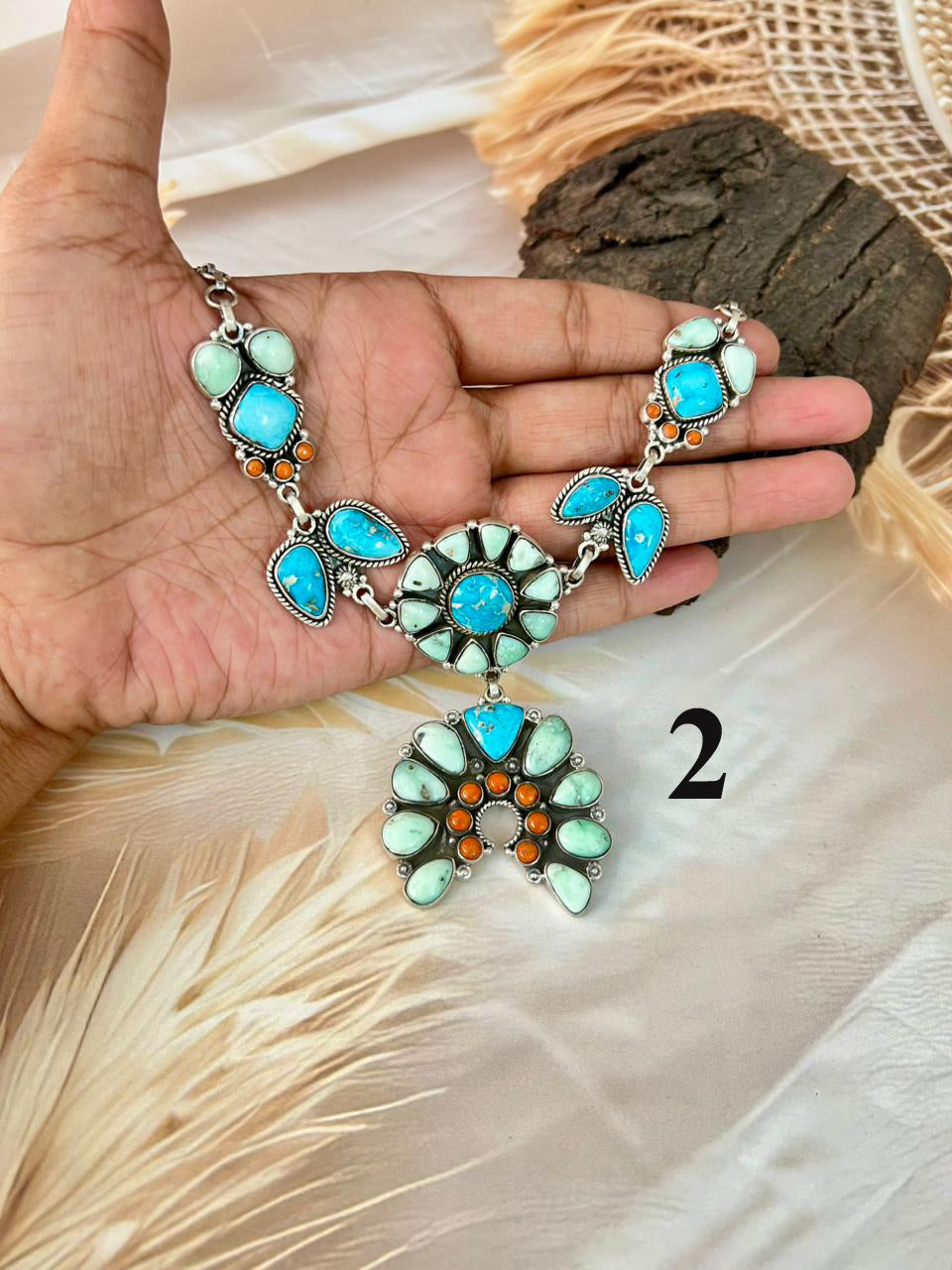 Handmade Sterling Silver Paloma with Sierra Bella Turquoise and Orange Mojave Necklace "Signed Nizhoni"