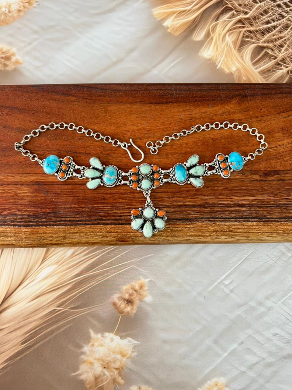 Handmade Sterling Silver Paloma with Sierra Bella Turquoise and Orange Mojave Choker Necklace "Signed Nizhoni"