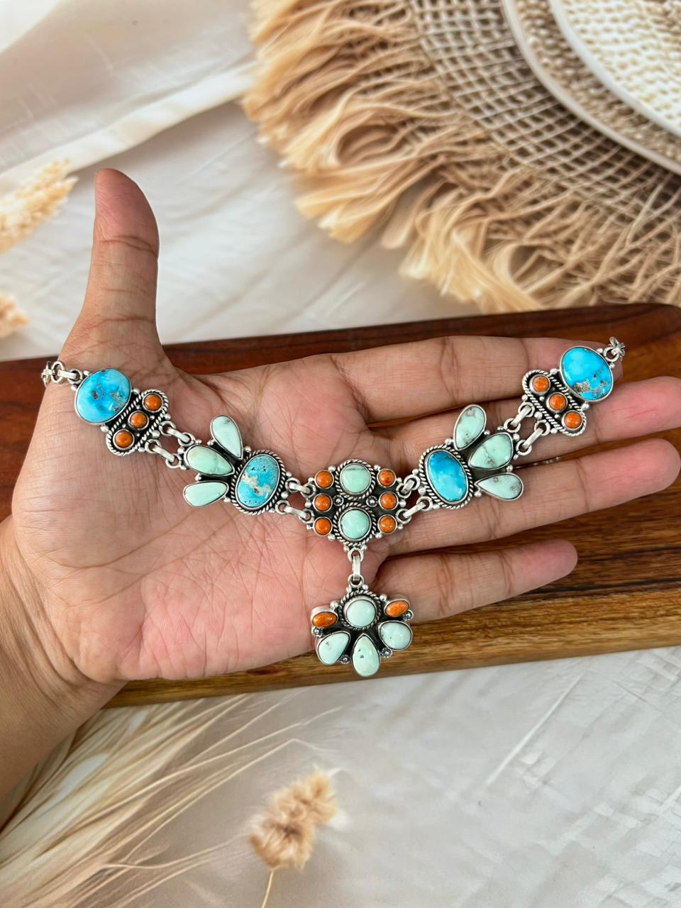 Handmade Sterling Silver Paloma with Sierra Bella Turquoise and Orange Mojave Choker Necklace "Signed Nizhoni"