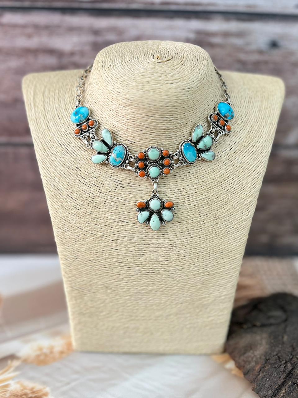 Handmade Sterling Silver Paloma with Sierra Bella Turquoise and Orange Mojave Choker Necklace "Signed Nizhoni"