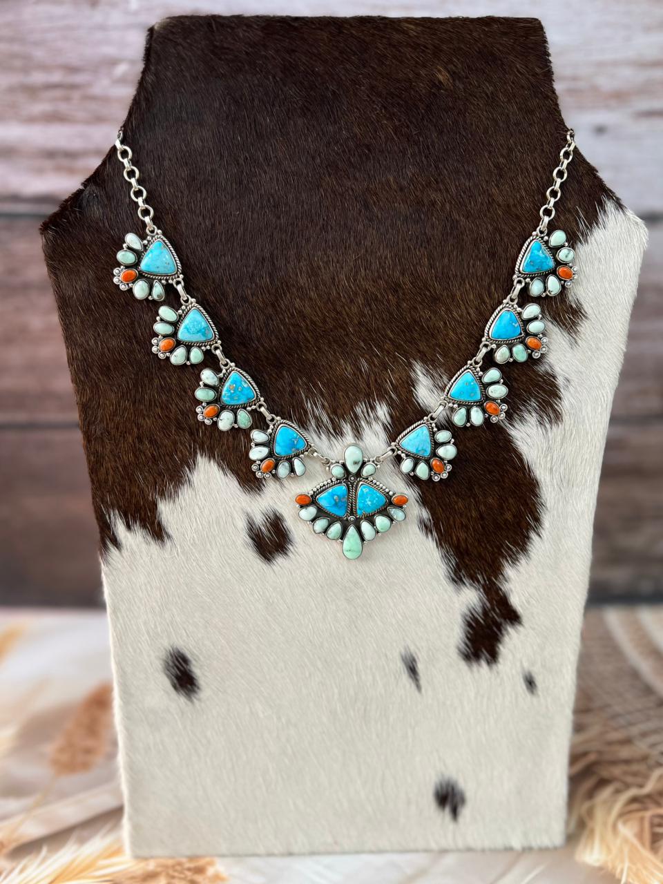 Handmade Sterling Silver Paloma with Sierra Bella Turquoise and Orange Mojave Necklace "Signed Nizhoni"