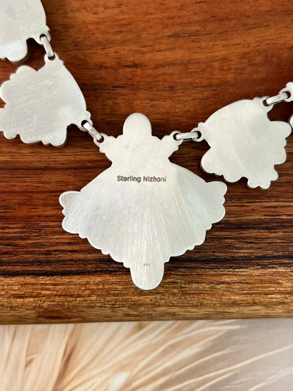 Handmade Sterling Silver Paloma with Sierra Bella Turquoise and Orange Mojave Necklace "Signed Nizhoni"
