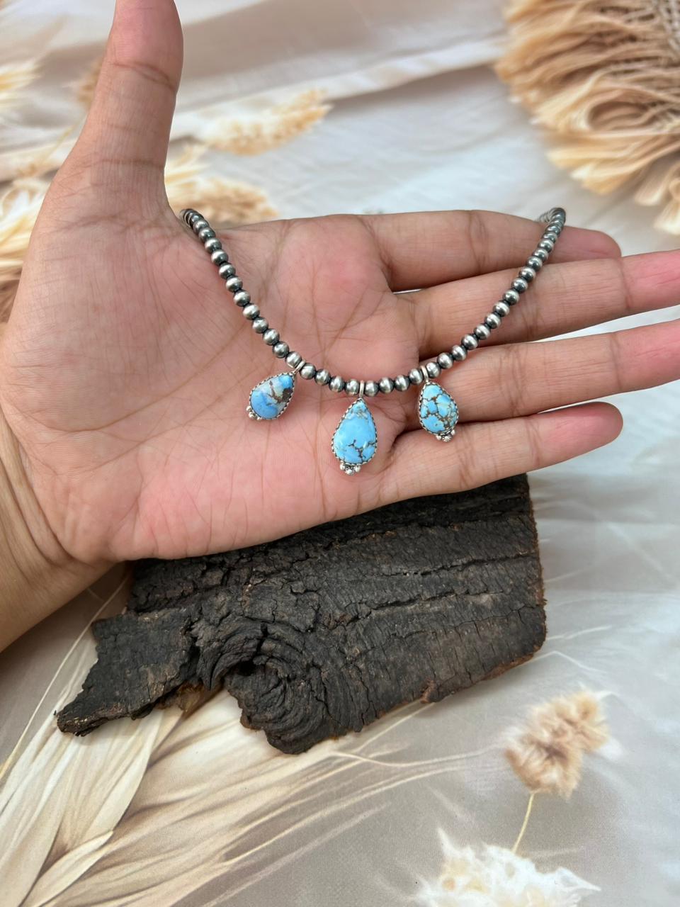 Handmade Sterling Silver Golden Hills Turquoise Beaded Necklace "Signed Nizhoni"