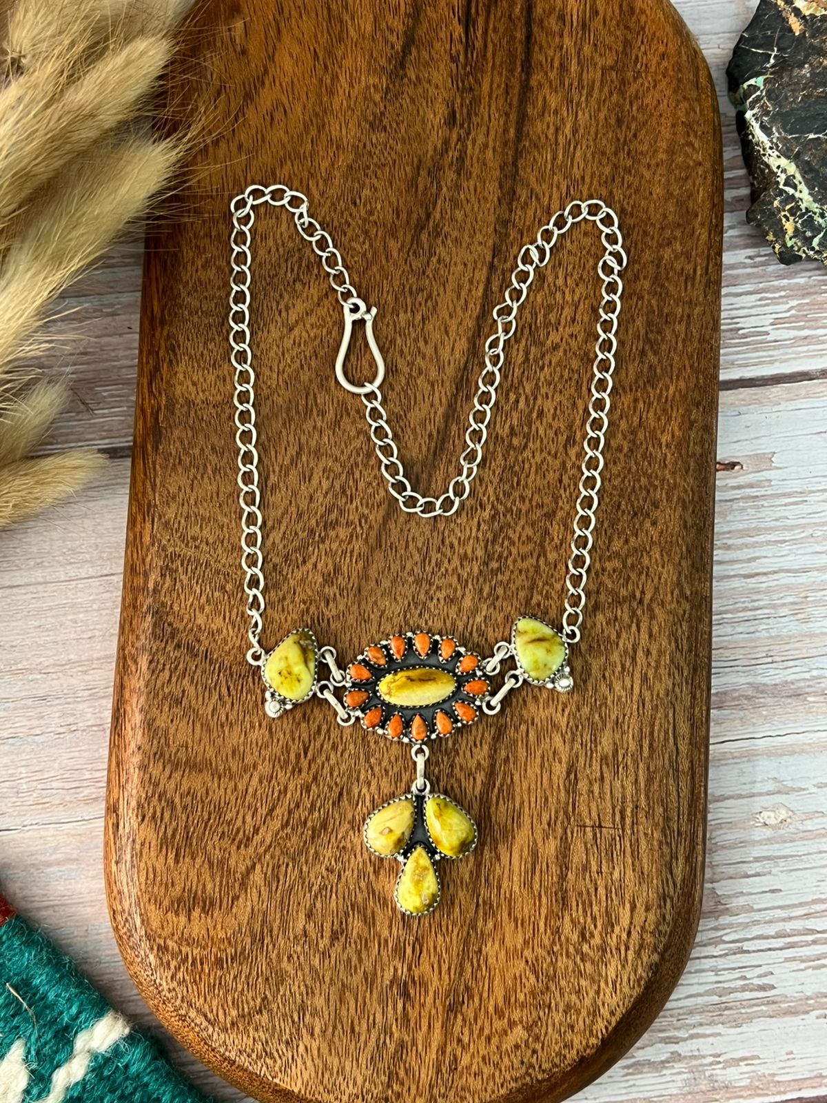 Handmade Sterling Silver Palomino Turquoise with Orange Mojave Choker Necklace "Signed Nizhoni"
