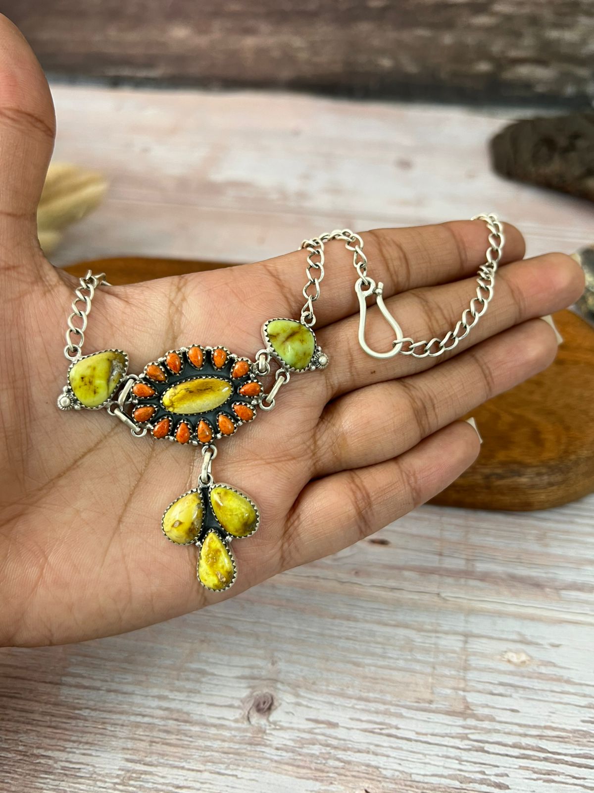 Handmade Sterling Silver Palomino Turquoise with Orange Mojave Choker Necklace "Signed Nizhoni"