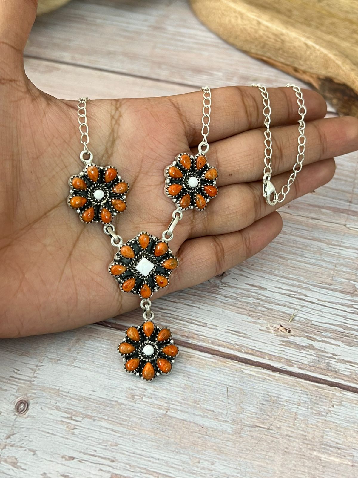 Handmade Sterling Silver White Buffalo with Orange Mojave Necklace "Signed Nizhoni"