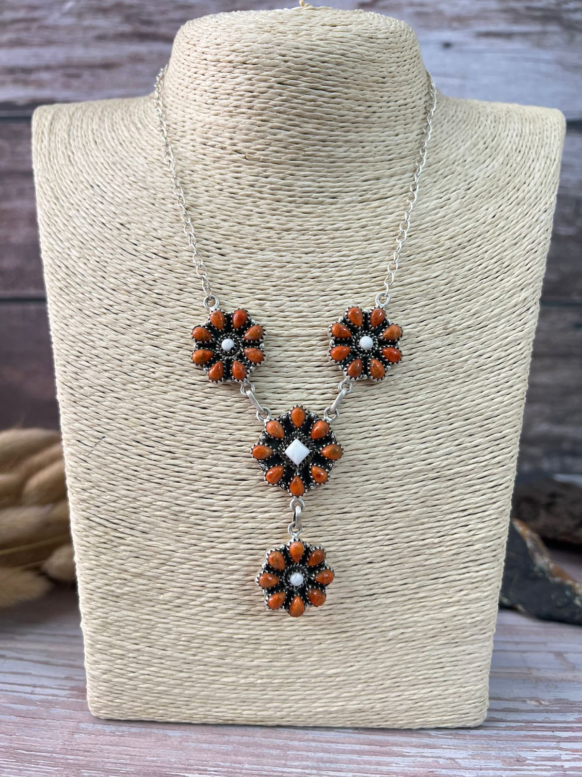 Handmade Sterling Silver White Buffalo with Orange Mojave Necklace "Signed Nizhoni"