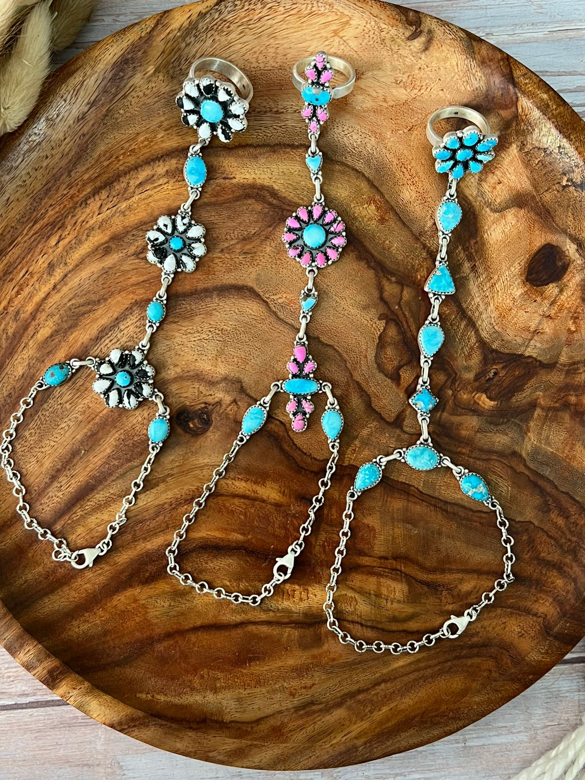 Handmade Sterling Silver Cotton Candy with White Buffalo and Sierra Bella Turquoise Hand Harness "Signed Nizhoni"