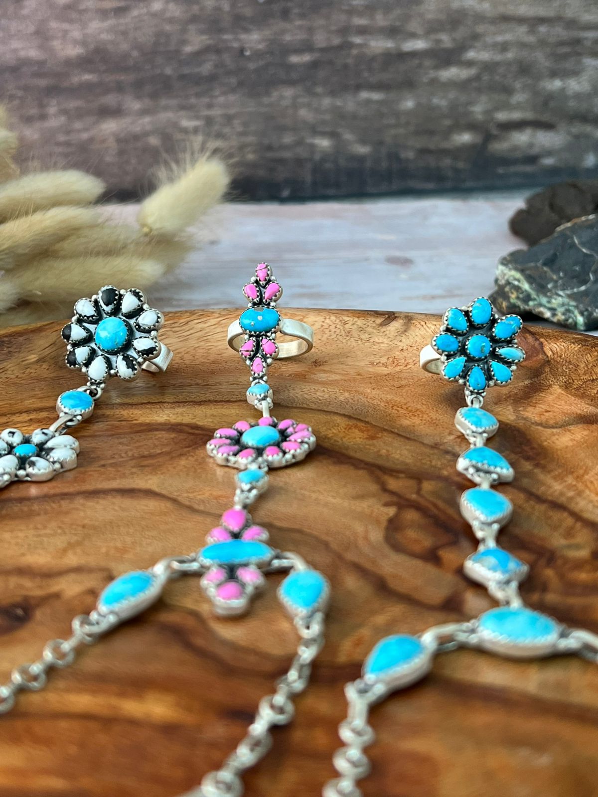 Handmade Sterling Silver Cotton Candy with White Buffalo and Sierra Bella Turquoise Hand Harness "Signed Nizhoni"