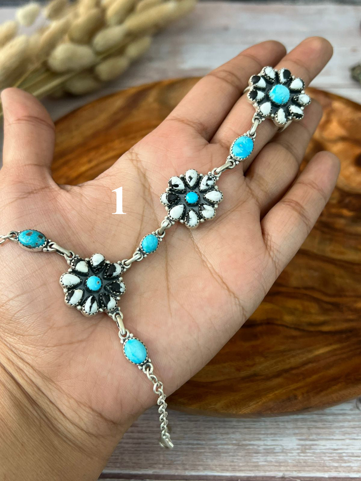 Handmade Sterling Silver Cotton Candy with White Buffalo and Sierra Bella Turquoise Hand Harness "Signed Nizhoni"