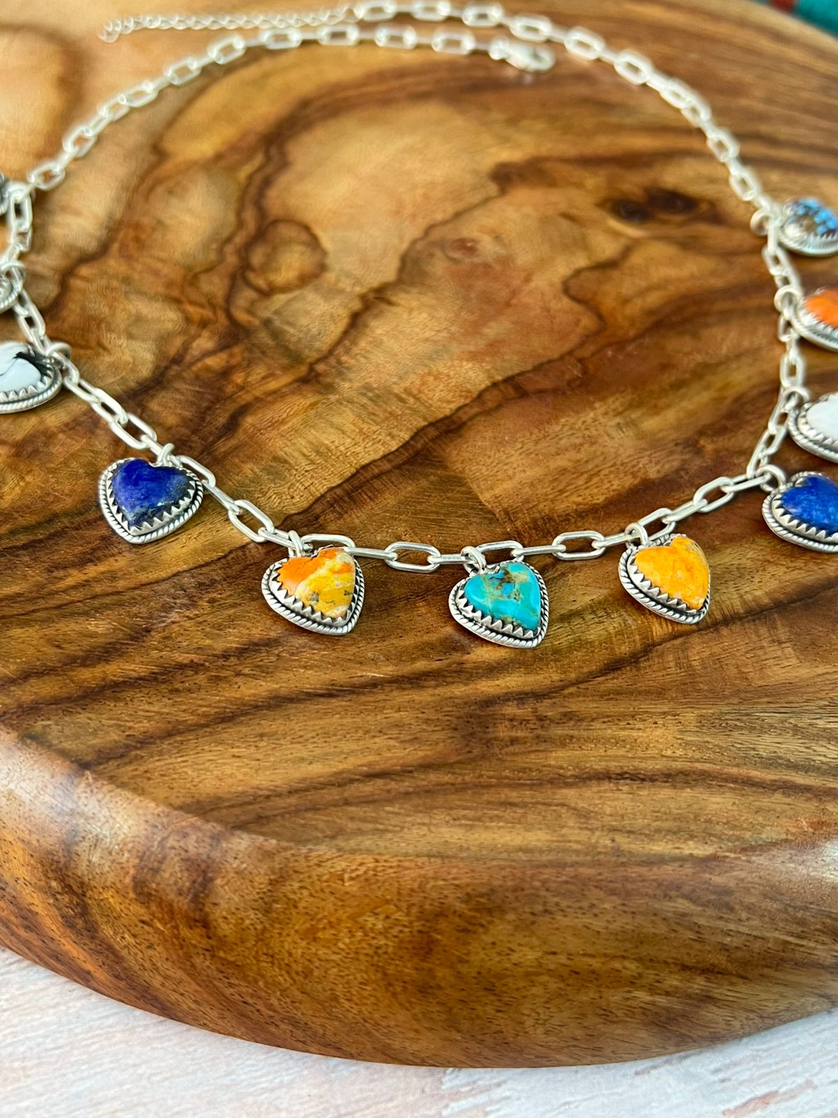 Handmade Sterling Silver Purple Copper with Bumblebee, Orange Mojave, Lapis, Kingman Turquoise and White Buffalo Heart Necklace "Signed Nizhoni"