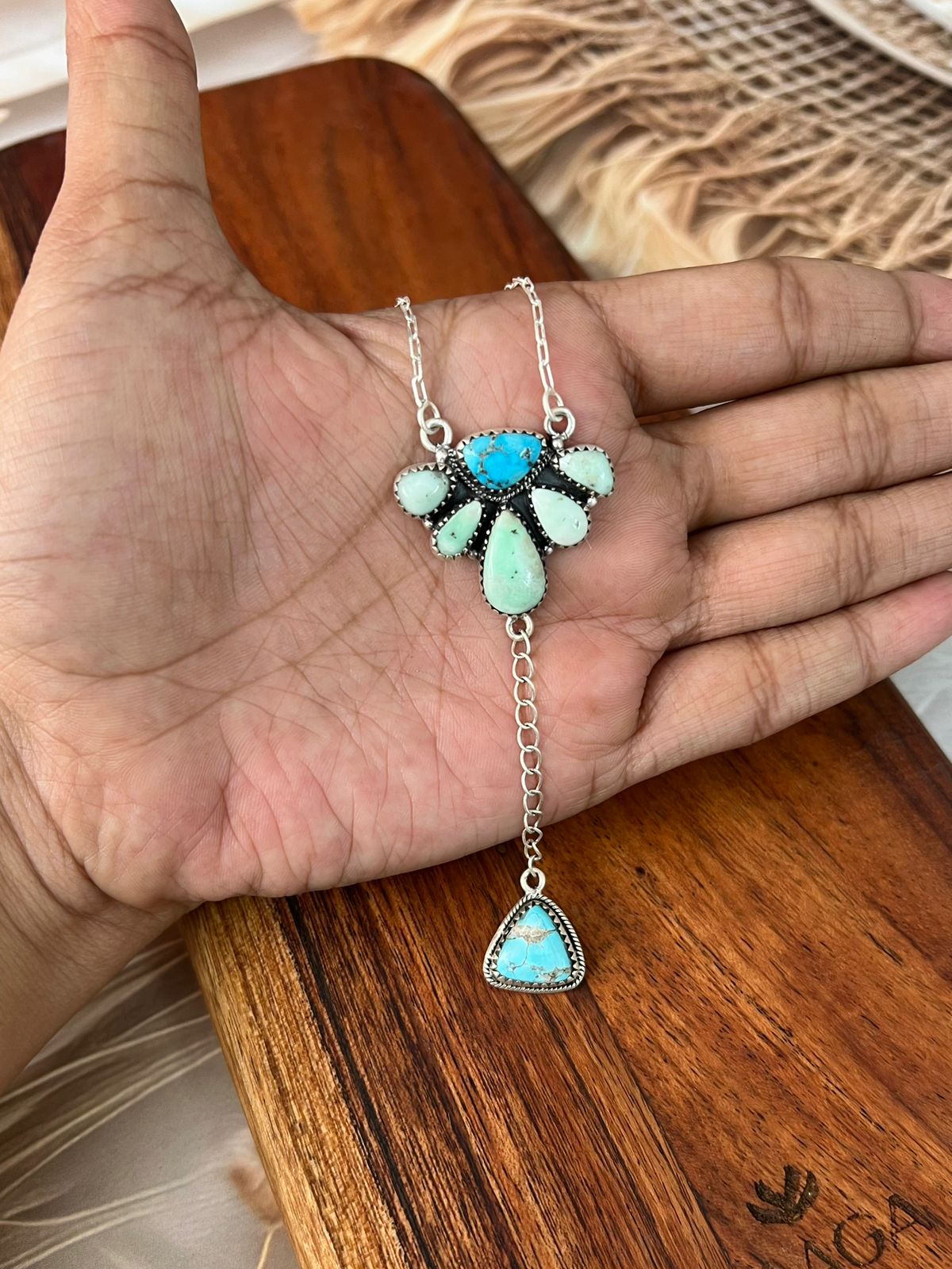 Handmade Sterling Silver Paloma with Sierra Bella Turquoise Drop Necklace "Signed Nizhoni"