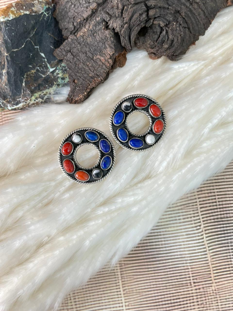 Handmade Sterling Silver 4th Of July Collection: Coral with Lapis and White Buffalo Post Studs Earrings "Signed Nizhoni"