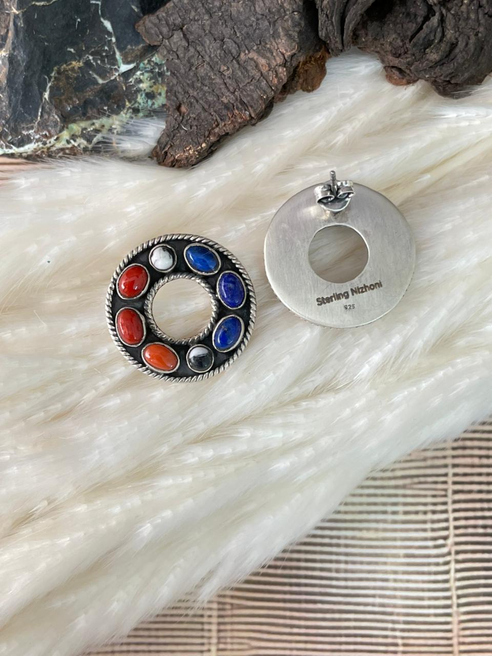 Handmade Sterling Silver 4th Of July Collection: Coral with Lapis and White Buffalo Post Studs Earrings "Signed Nizhoni"