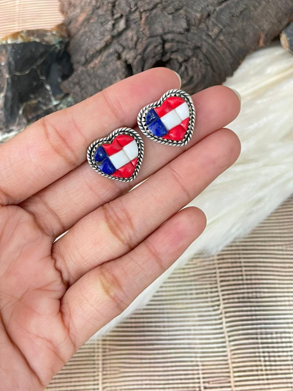 Handmade Sterling Silver 4th Of July Collection: Rosarita with Lapis and White Buffalo Post Studs Heart Earrings "Signed Nizhoni"