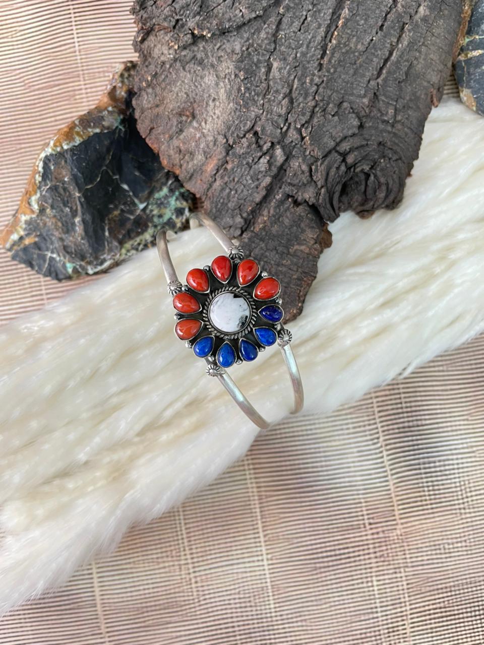 Handmade Sterling Silver 4th Of July Collection: Coral with Lapis and White Buffalo Cuff Bracelet "Signed Nizhoni"