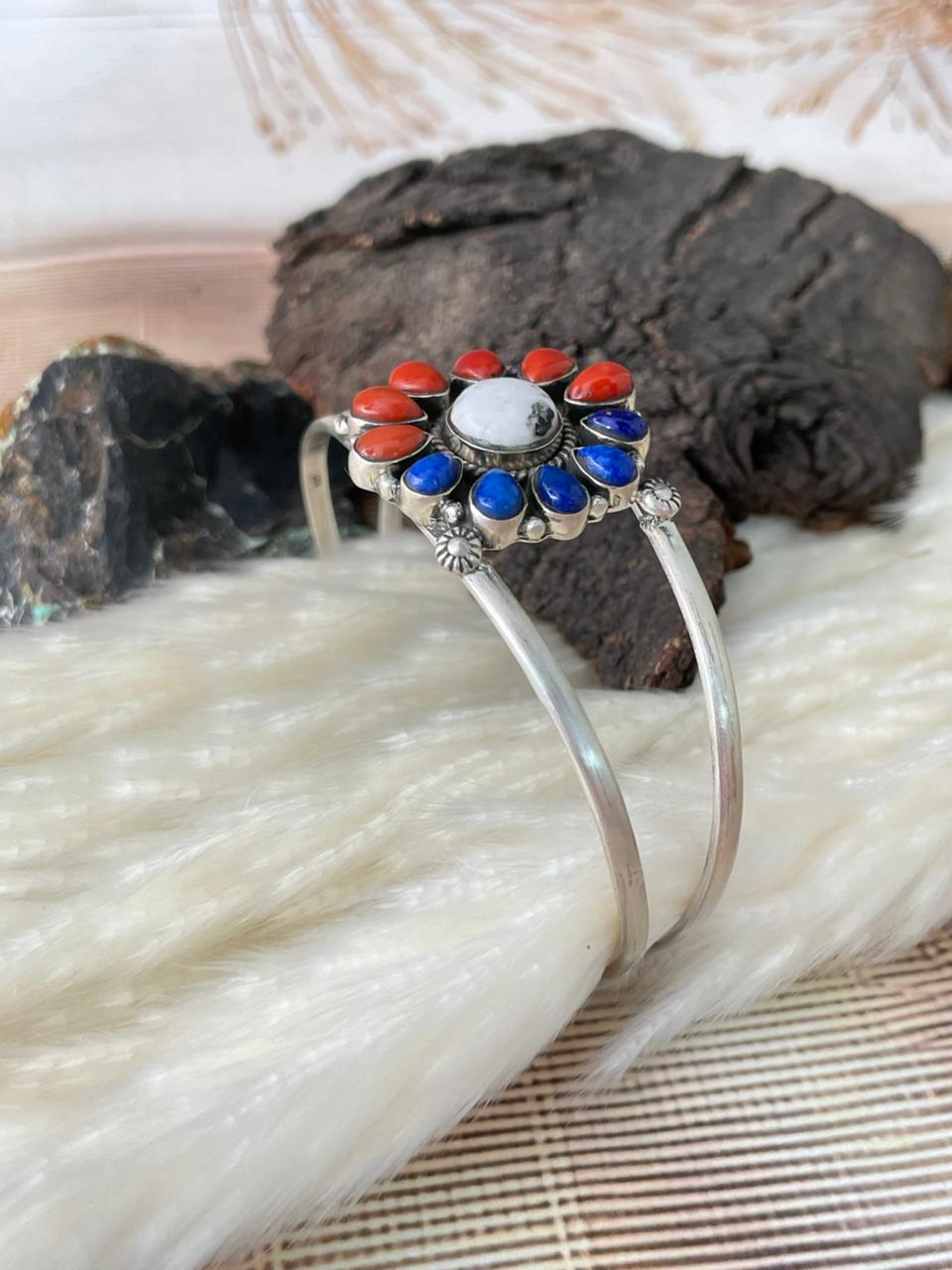 Handmade Sterling Silver 4th Of July Collection: Coral with Lapis and White Buffalo Cuff Bracelet "Signed Nizhoni"