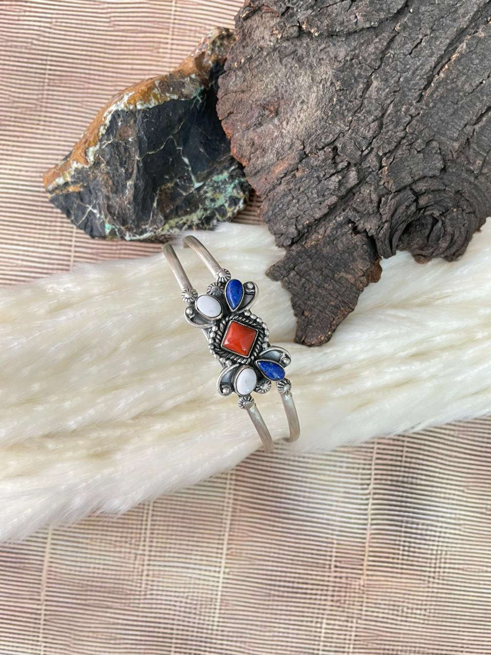 Handmade Sterling Silver 4th Of July Collection: Coral with Lapis and White Buffalo Cuff Bracelet "Signed Nizhoni"