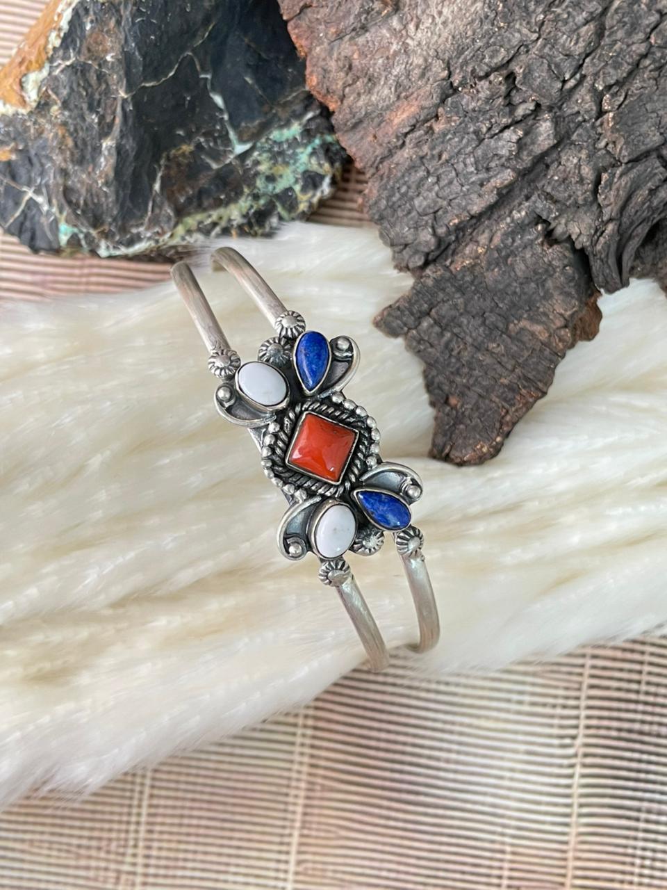 Handmade Sterling Silver 4th Of July Collection: Coral with Lapis and White Buffalo Cuff Bracelet "Signed Nizhoni"