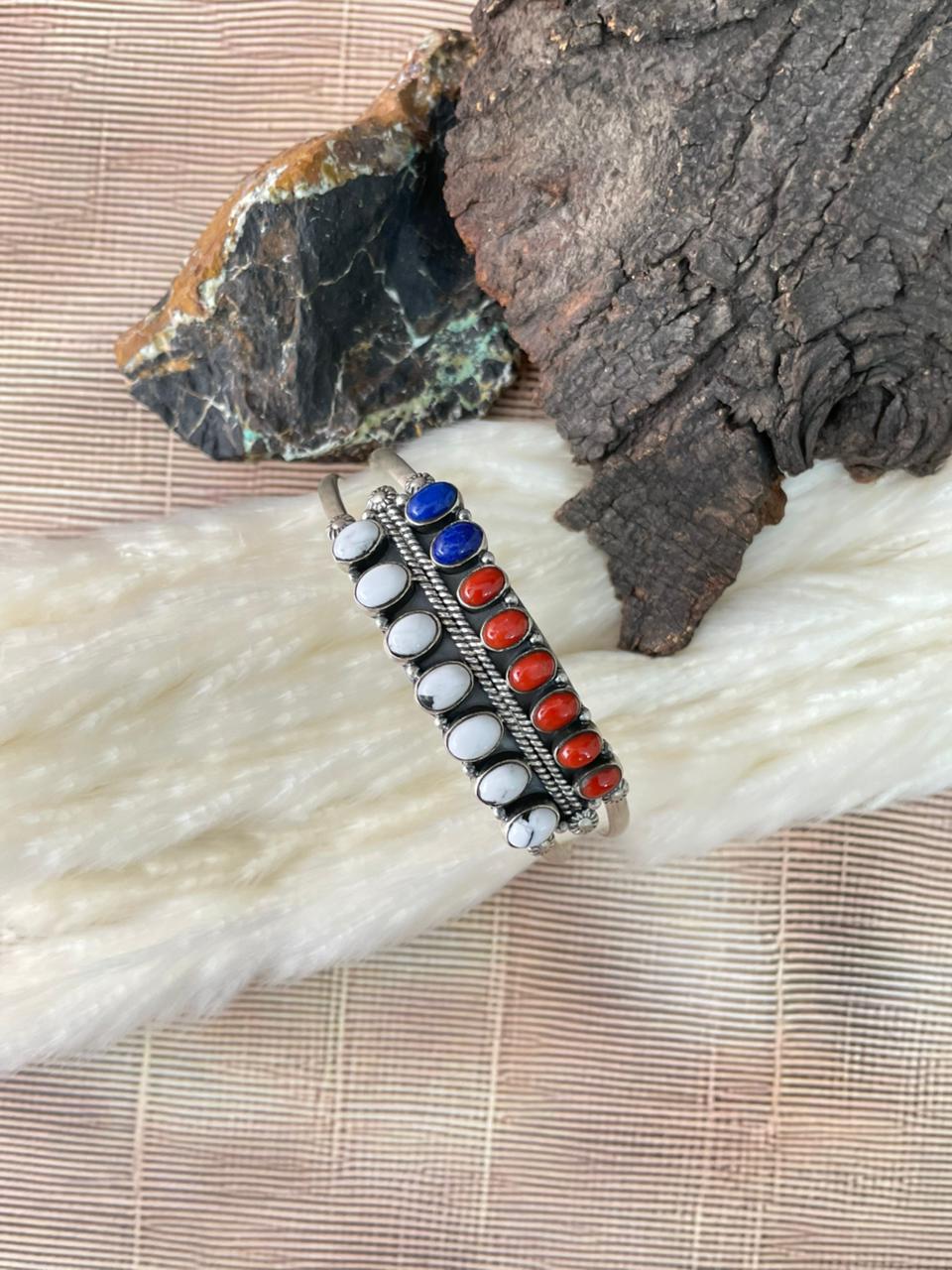 Handmade Sterling Silver 4th Of July Collection: Coral with Lapis and White Buffalo Cuff Bracelet "Signed Nizhoni"