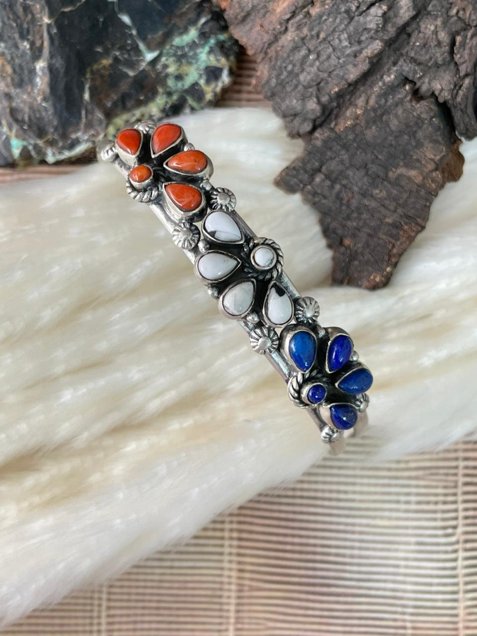 Handmade Sterling Silver 4th Of July Collection: Coral with Lapis and White Buffalo Cuff Bracelet "Signed Nizhoni"