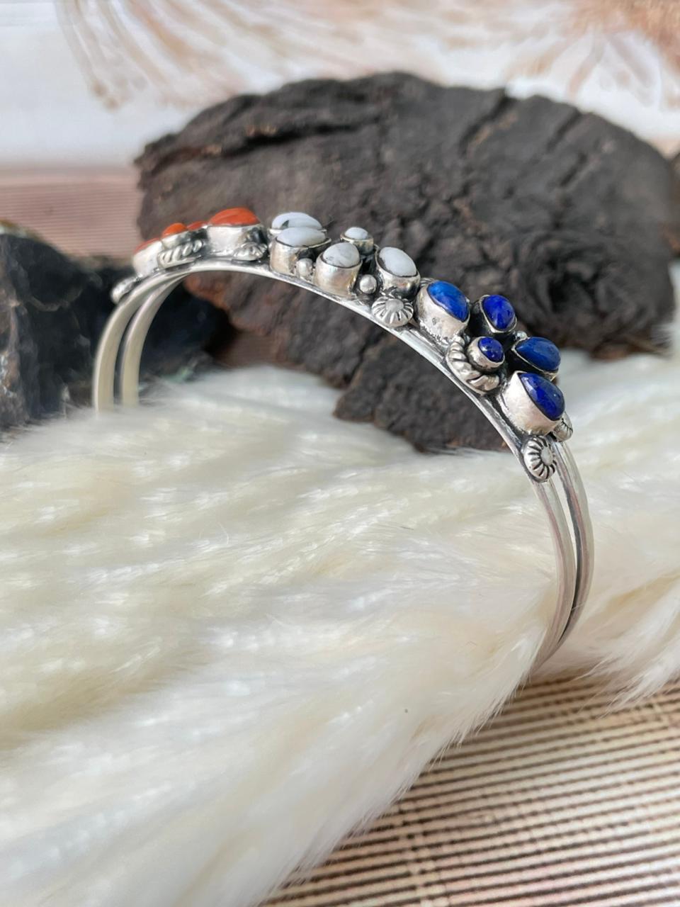 Handmade Sterling Silver 4th Of July Collection: Coral with Lapis and White Buffalo Cuff Bracelet "Signed Nizhoni"