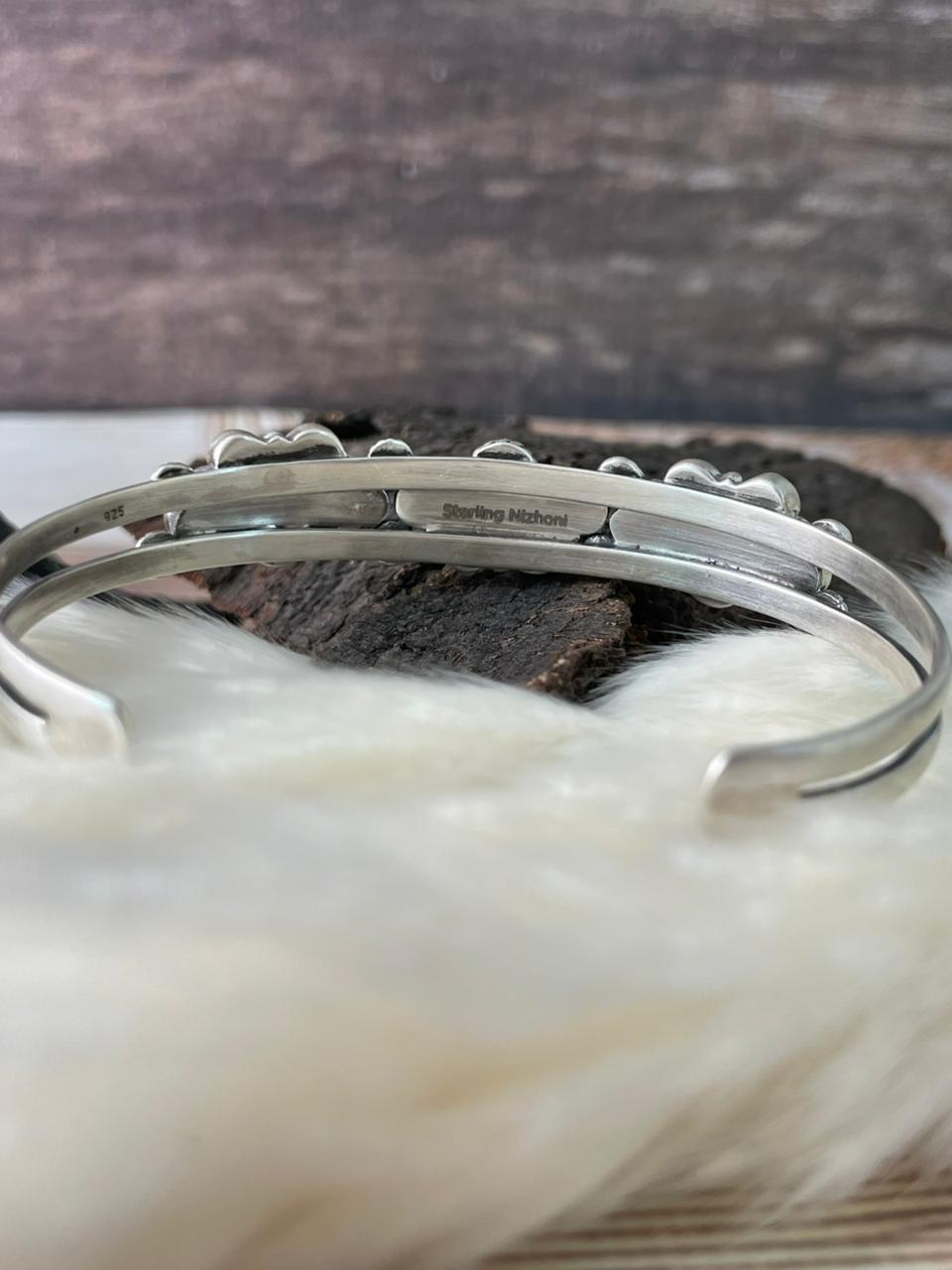 Handmade Sterling Silver 4th Of July Collection: Coral with Lapis and White Buffalo Cuff Bracelet "Signed Nizhoni"