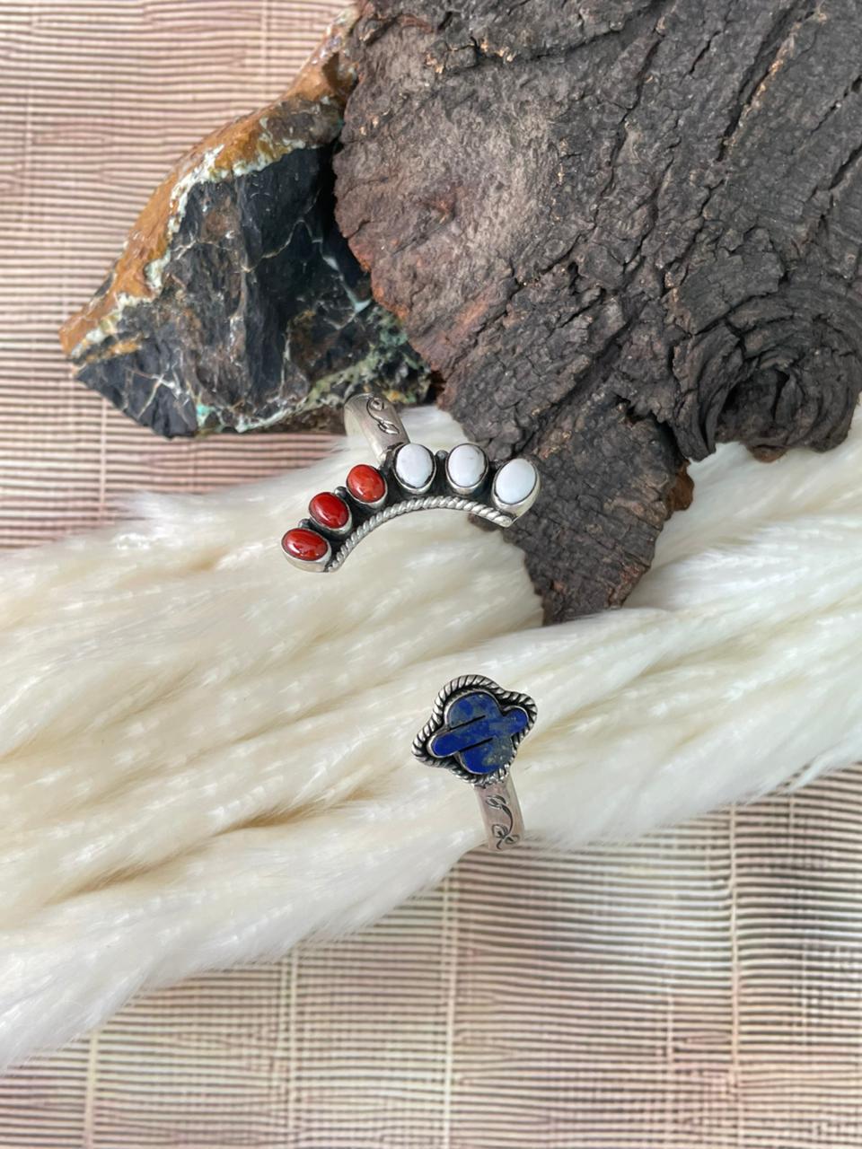 Handmade Sterling Silver 4th Of July Collection: Coral with Lapis and White Buffalo Cuff Bracelet "Signed Nizhoni"