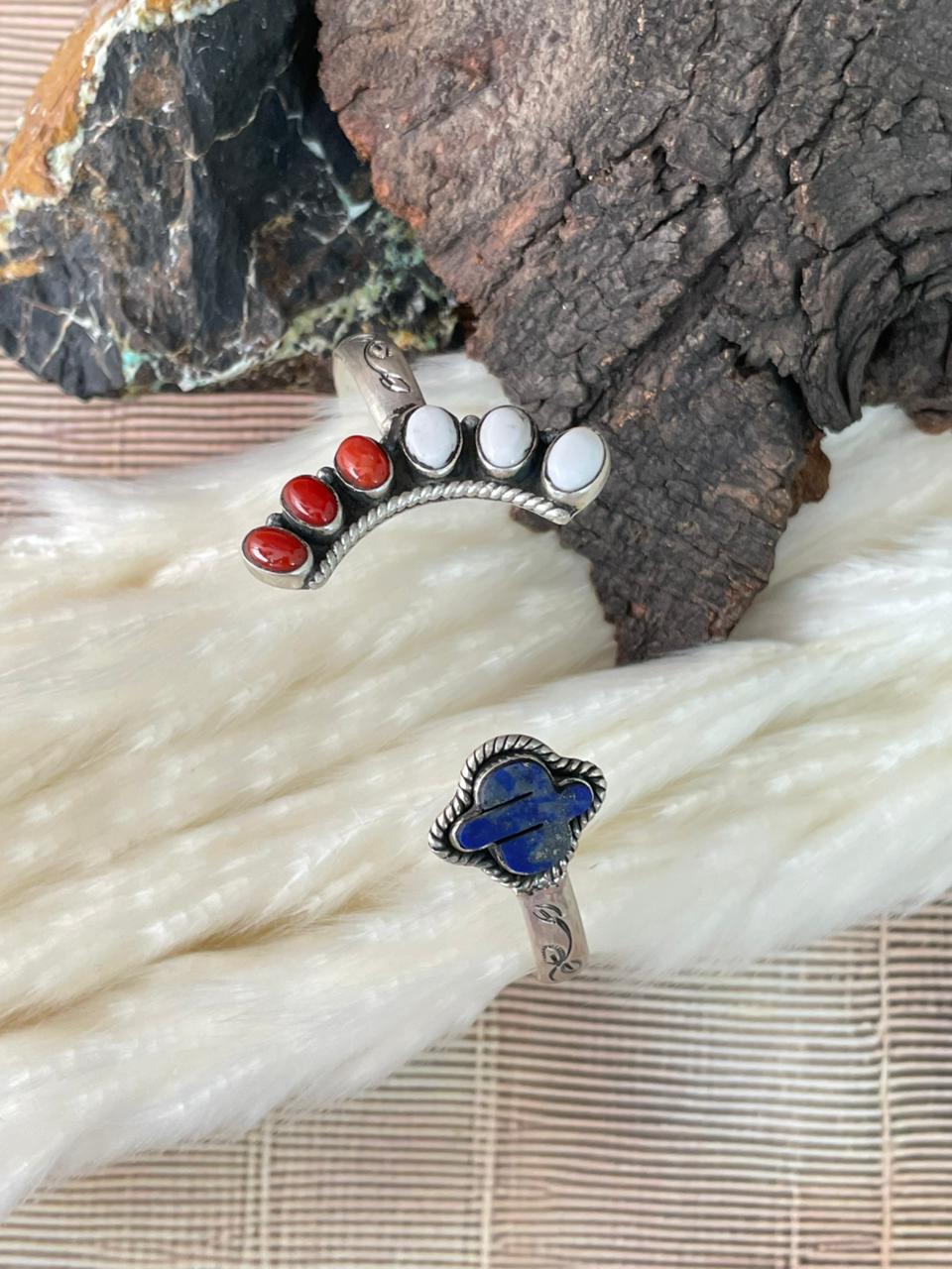Handmade Sterling Silver 4th Of July Collection: Coral with Lapis and White Buffalo Cuff Bracelet "Signed Nizhoni"