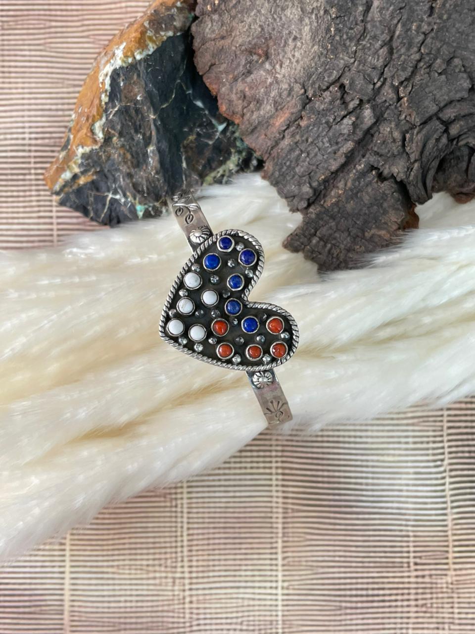 Handmade Sterling Silver 4th Of July Collection: Coral with Lapis and White Buffalo Heart Cuff Bracelet "Signed Nizhoni"