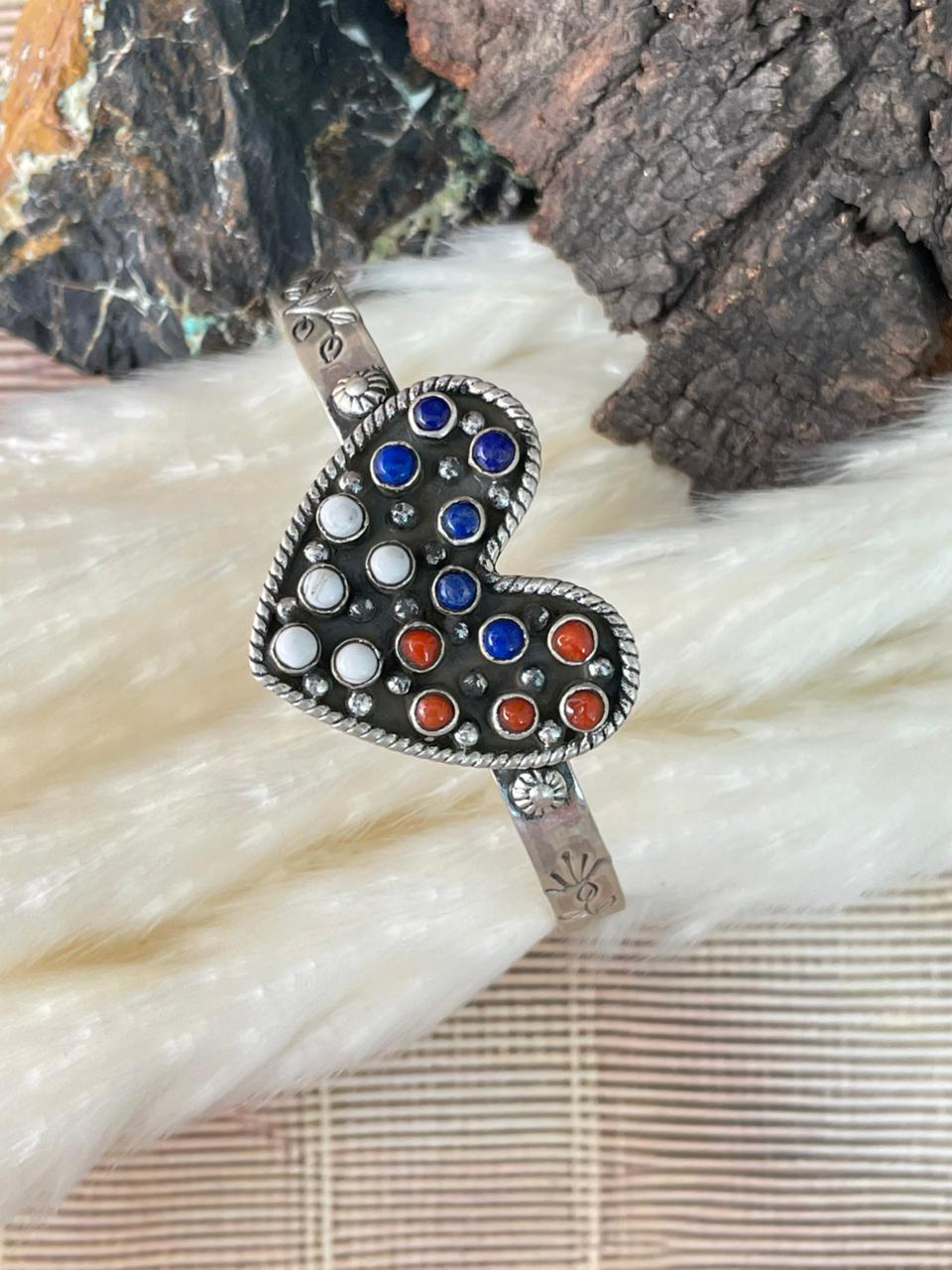 Handmade Sterling Silver 4th Of July Collection: Coral with Lapis and White Buffalo Heart Cuff Bracelet "Signed Nizhoni"