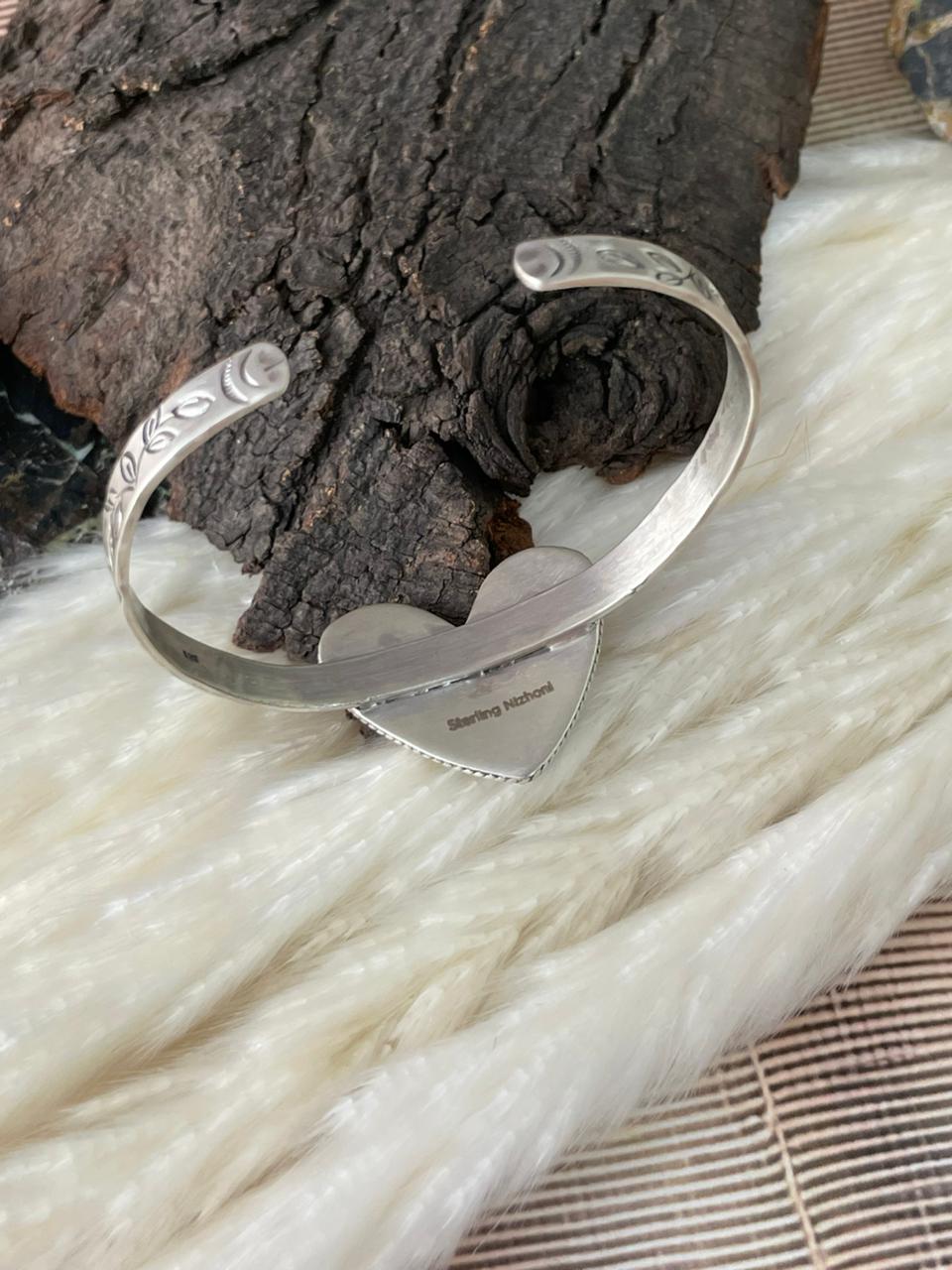 Handmade Sterling Silver 4th Of July Collection: Coral with Lapis and White Buffalo Heart Cuff Bracelet "Signed Nizhoni"