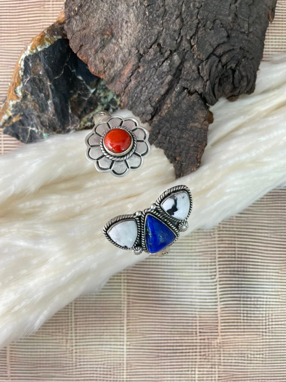 Handmade Sterling Silver 4th Of July Collection: Coral with Lapis and White Buffalo Cuff Bracelet "Signed Nizhoni"