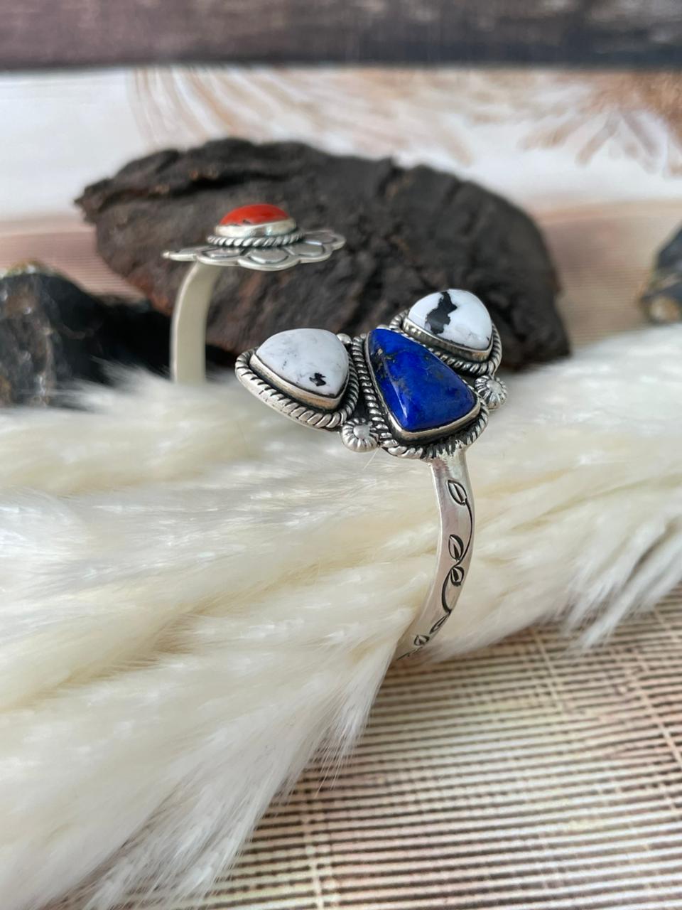 Handmade Sterling Silver 4th Of July Collection: Coral with Lapis and White Buffalo Cuff Bracelet "Signed Nizhoni"
