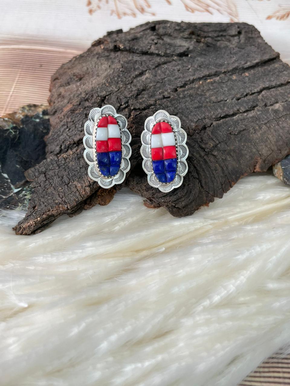 Handmade Sterling Silver 4th Of July Collection: Rosarita with Lapis and White Buffalo Adjustable Ring "Signed Nizhoni"