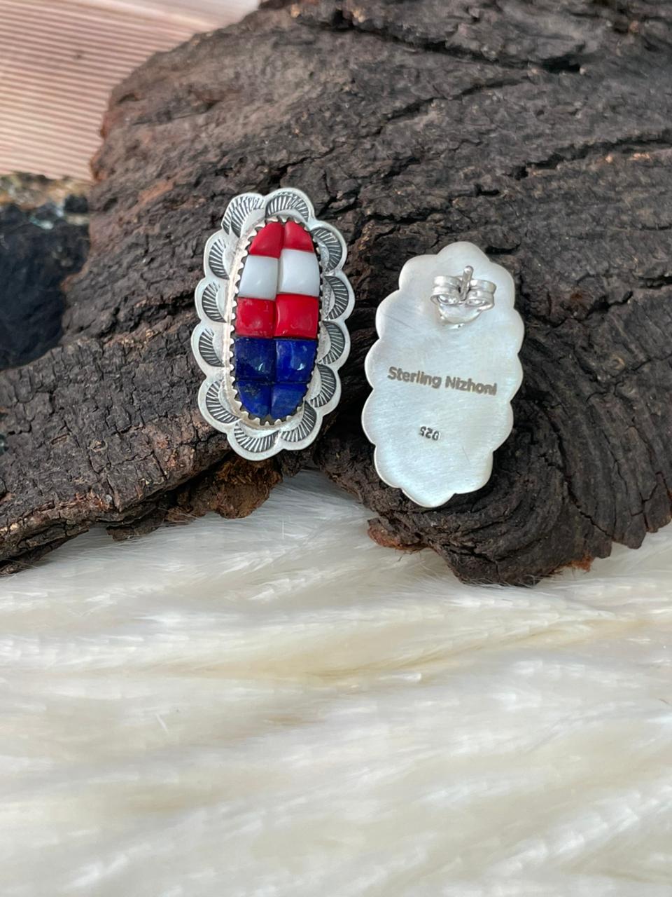 Handmade Sterling Silver 4th Of July Collection: Rosarita with Lapis and White Buffalo Adjustable Ring "Signed Nizhoni"
