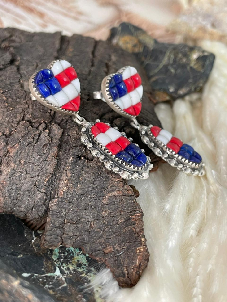 Handmade Sterling Silver 4th Of July Collection: Rosarita with Lapis and White Buffalo Post Dangle Earrings "Signed Nizhoni"
