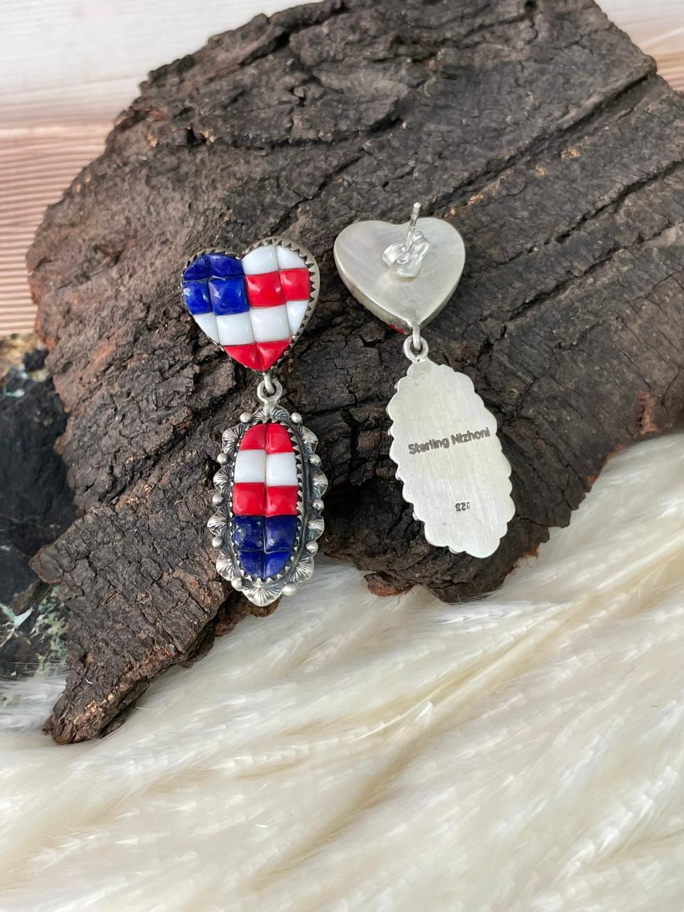 Handmade Sterling Silver 4th Of July Collection: Rosarita with Lapis and White Buffalo Post Dangle Earrings "Signed Nizhoni"