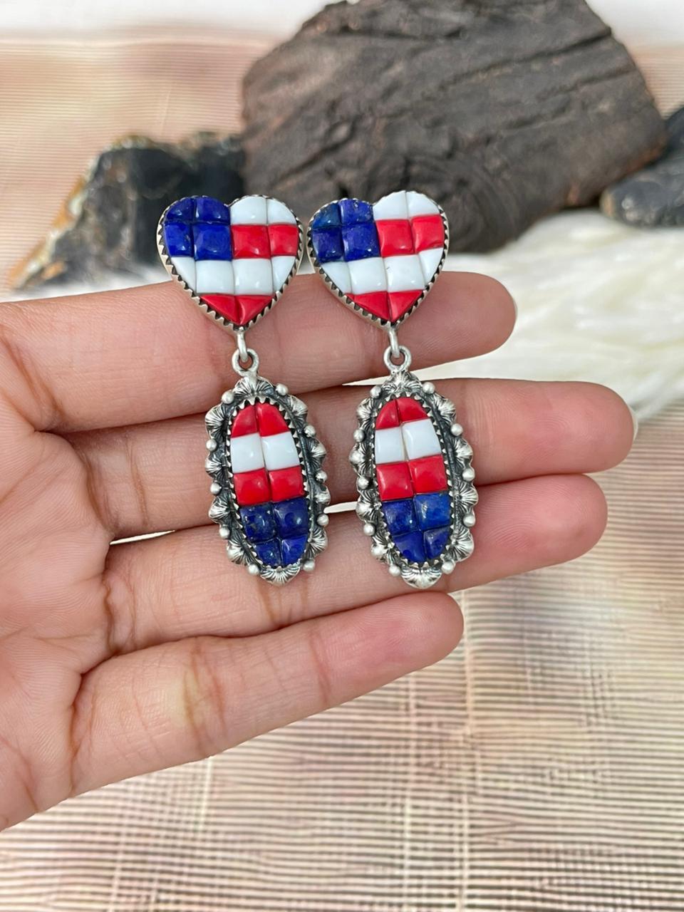 Handmade Sterling Silver 4th Of July Collection: Rosarita with Lapis and White Buffalo Post Dangle Earrings "Signed Nizhoni"