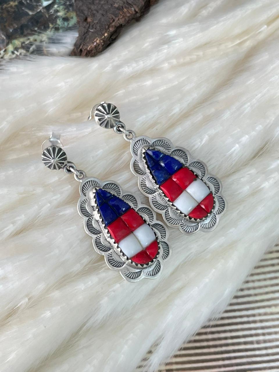 Handmade Sterling Silver 4th Of July Collection: Rosarita with Lapis and White Buffalo Post Dangle Earrings "Signed Nizhoni"