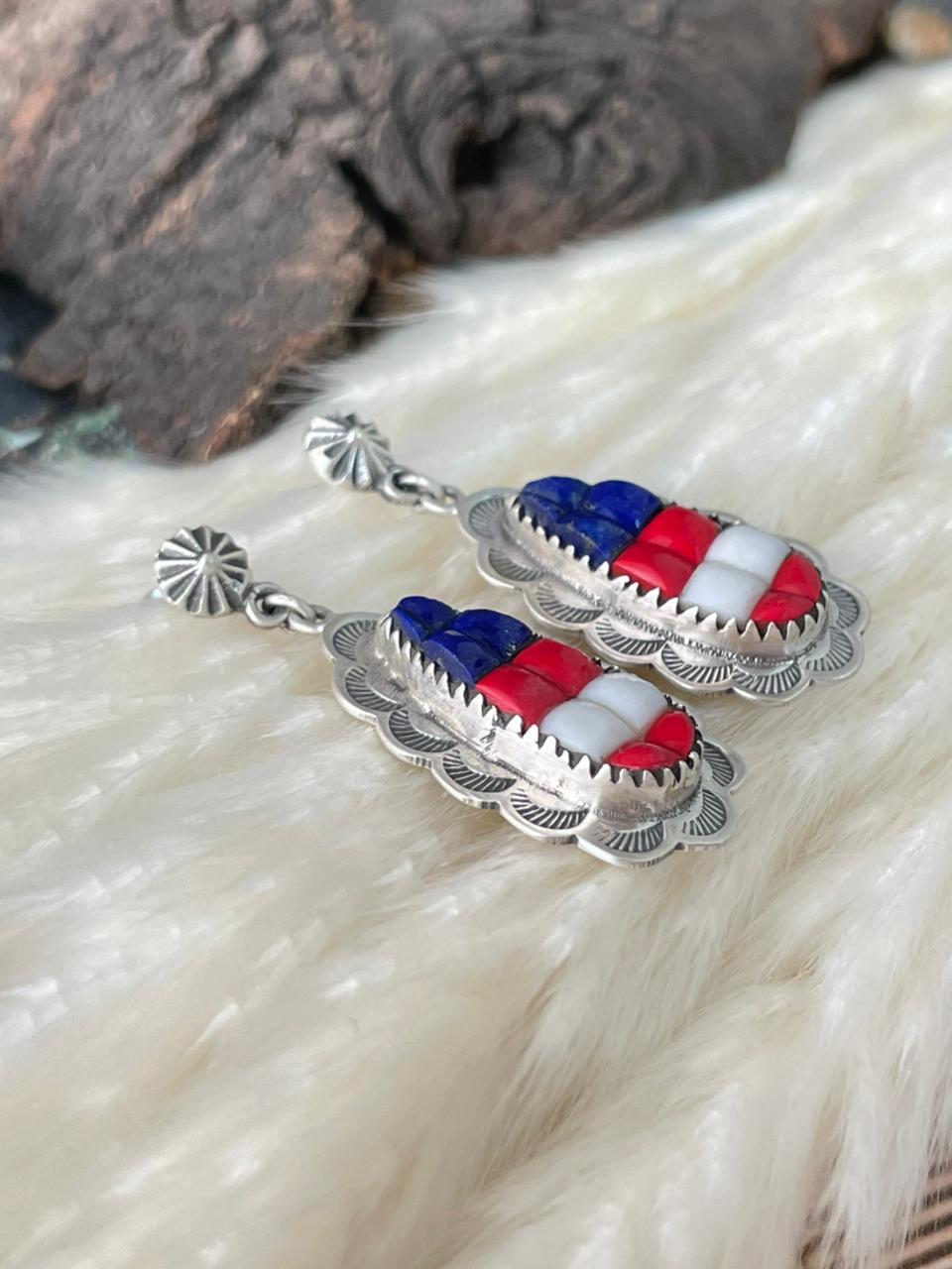 Handmade Sterling Silver 4th Of July Collection: Rosarita with Lapis and White Buffalo Post Dangle Earrings "Signed Nizhoni"