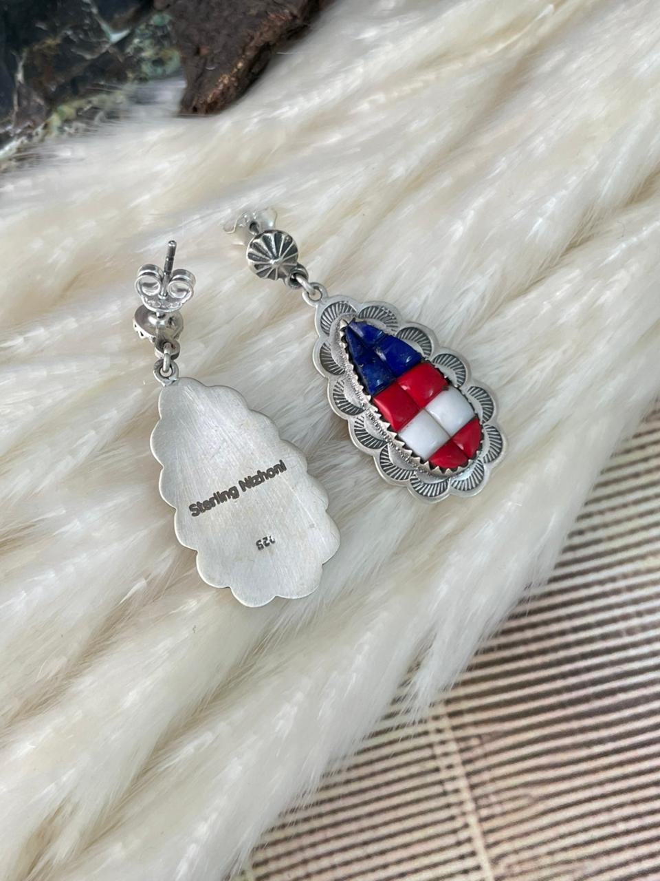 Handmade Sterling Silver 4th Of July Collection: Rosarita with Lapis and White Buffalo Post Dangle Earrings "Signed Nizhoni"