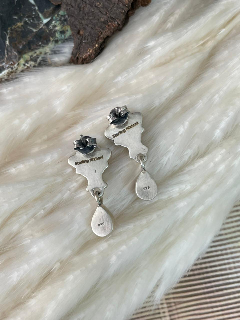 Handmade Sterling Silver 4th Of July Collection: Coral with Lapis and White Buffalo Post Dangle Earrings "Signed Nizhoni"