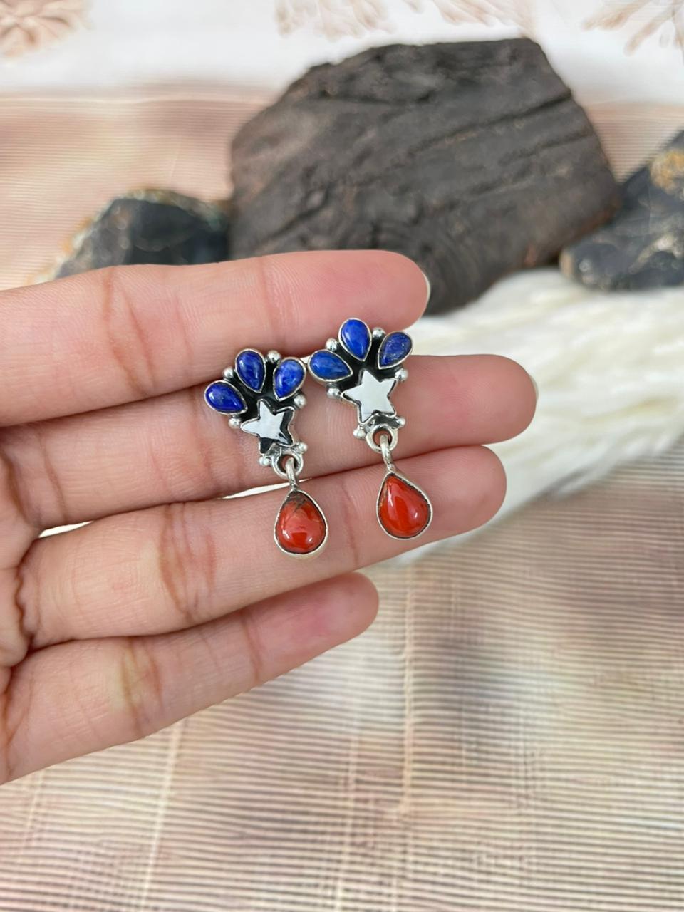 Handmade Sterling Silver 4th Of July Collection: Coral with Lapis and White Buffalo Post Dangle Earrings "Signed Nizhoni"