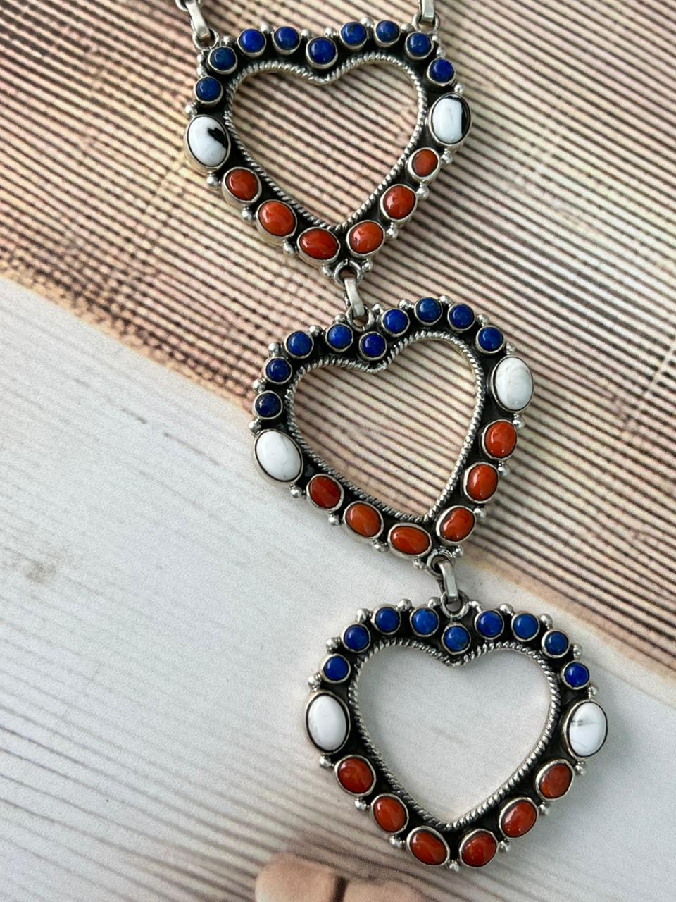 Handmade Sterling Silver 4th Of July Collection: Coral with Lapis and White Buffalo Heart Necklace "Signed Nizhoni"