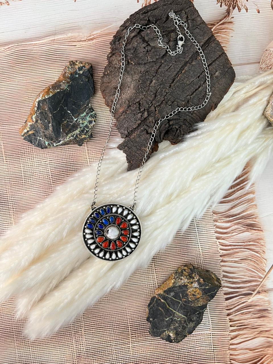 Handmade Sterling Silver 4th Of July Collection: Coral with Lapis and White Buffalo Necklace "Signed Nizhoni"