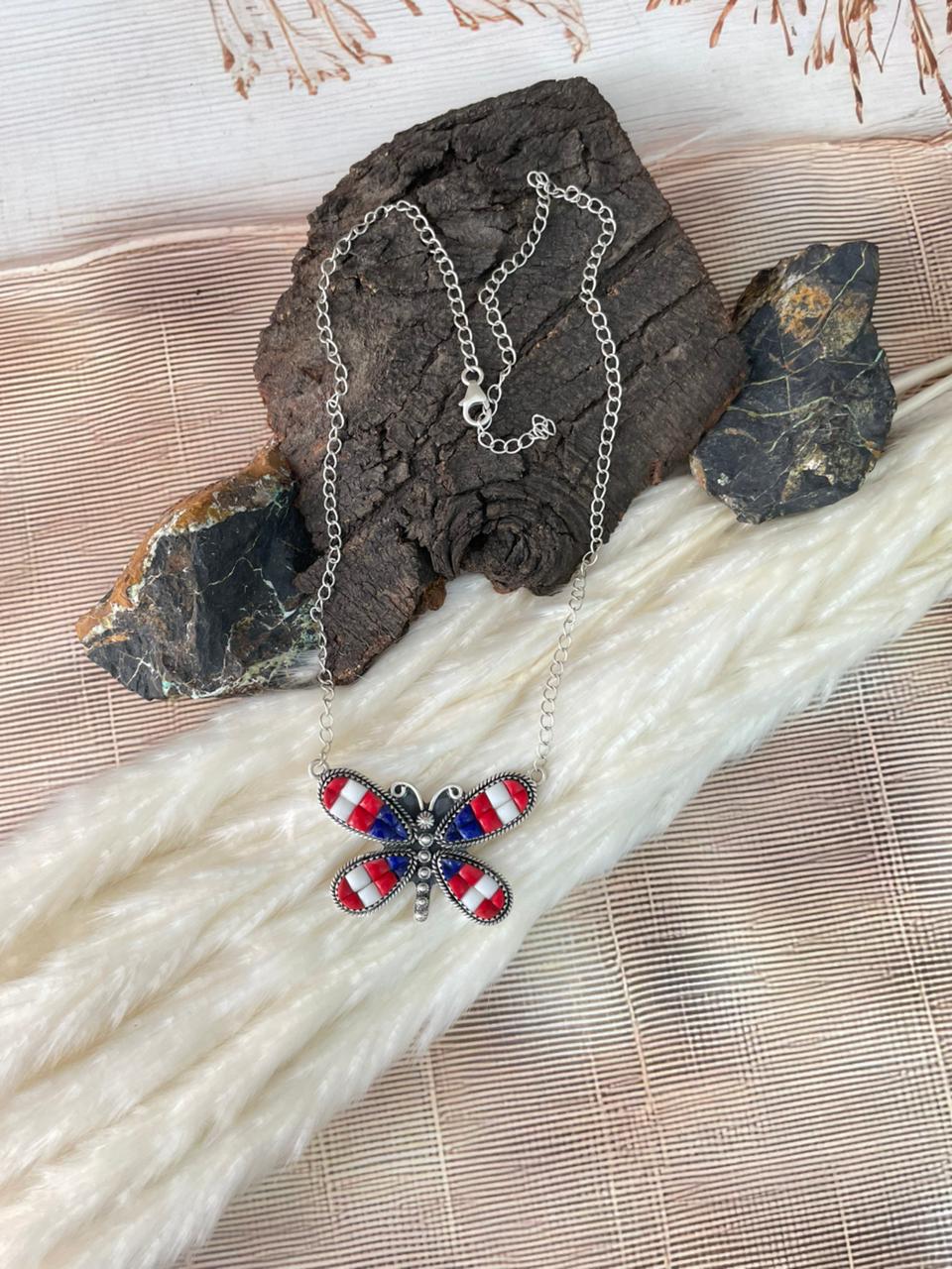 Handmade Sterling Silver 4th Of July Collection: Rosarita with Lapis and White Buffalo Butterfly  Necklace "Signed Nizhoni"