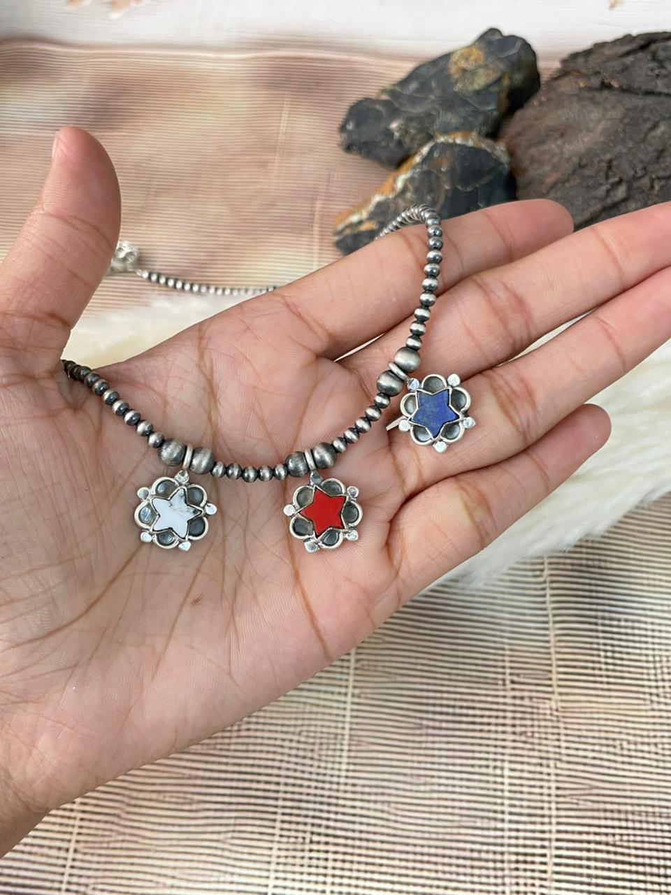 Handmade Sterling Silver 4th Of July Collection: Rosarita with Lapis and White Buffalo Beaded Necklace "Signed Nizhoni"