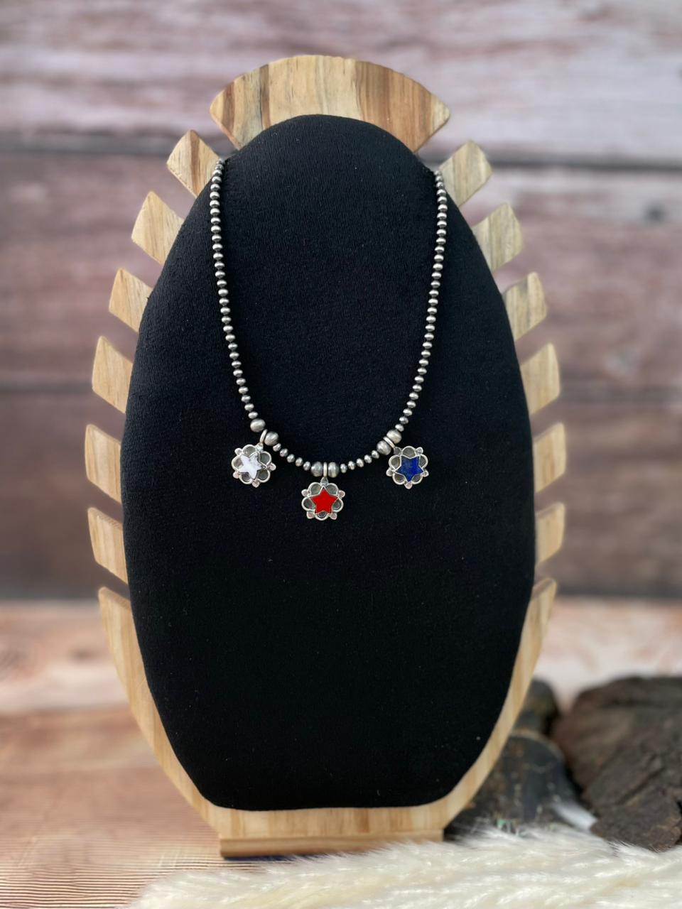 Handmade Sterling Silver 4th Of July Collection: Rosarita with Lapis and White Buffalo Beaded Necklace "Signed Nizhoni"