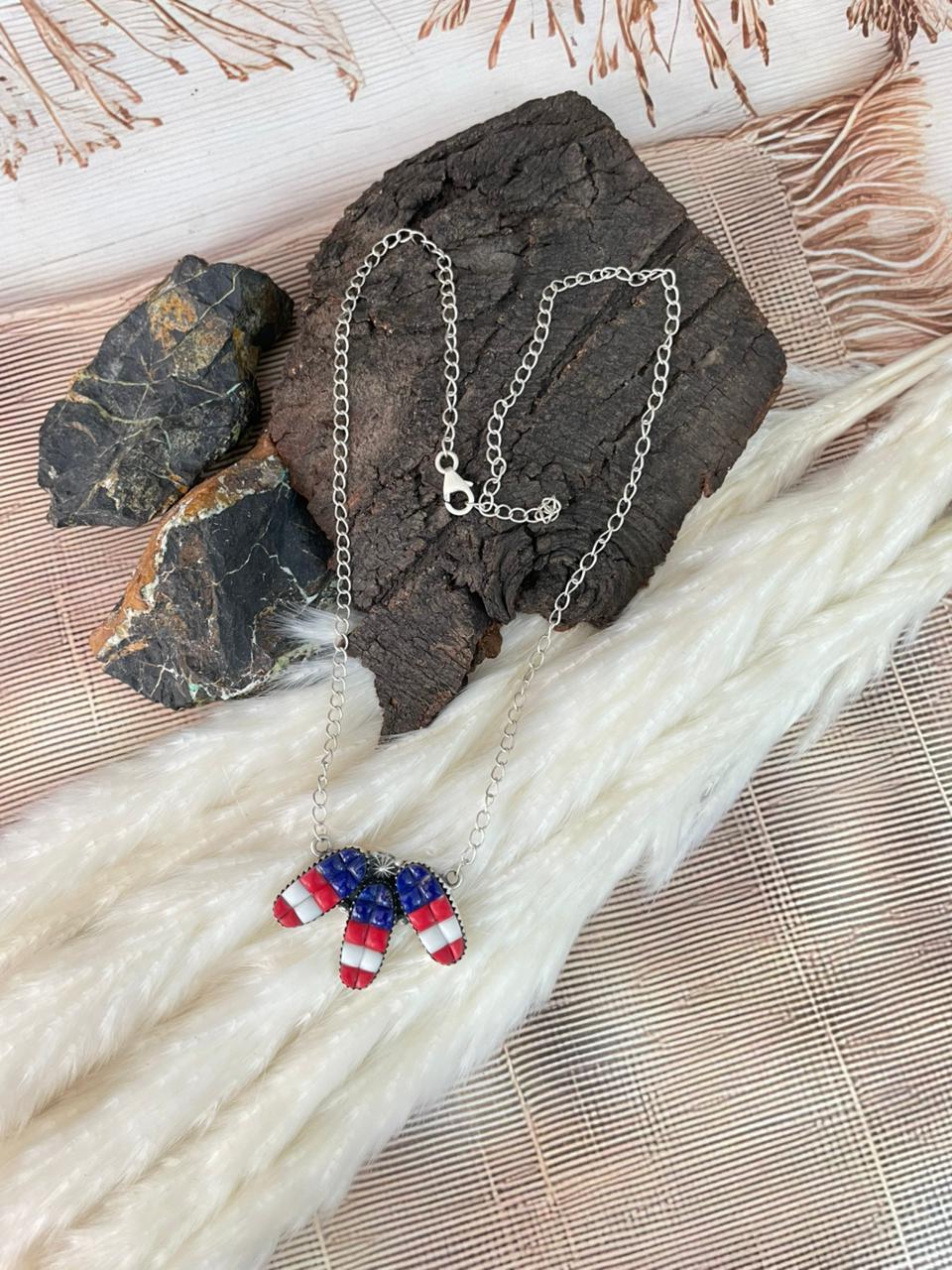 Handmade Sterling Silver 4th Of July Collection: Rosarita with Lapis and White Buffalo Necklace "Signed Nizhoni"